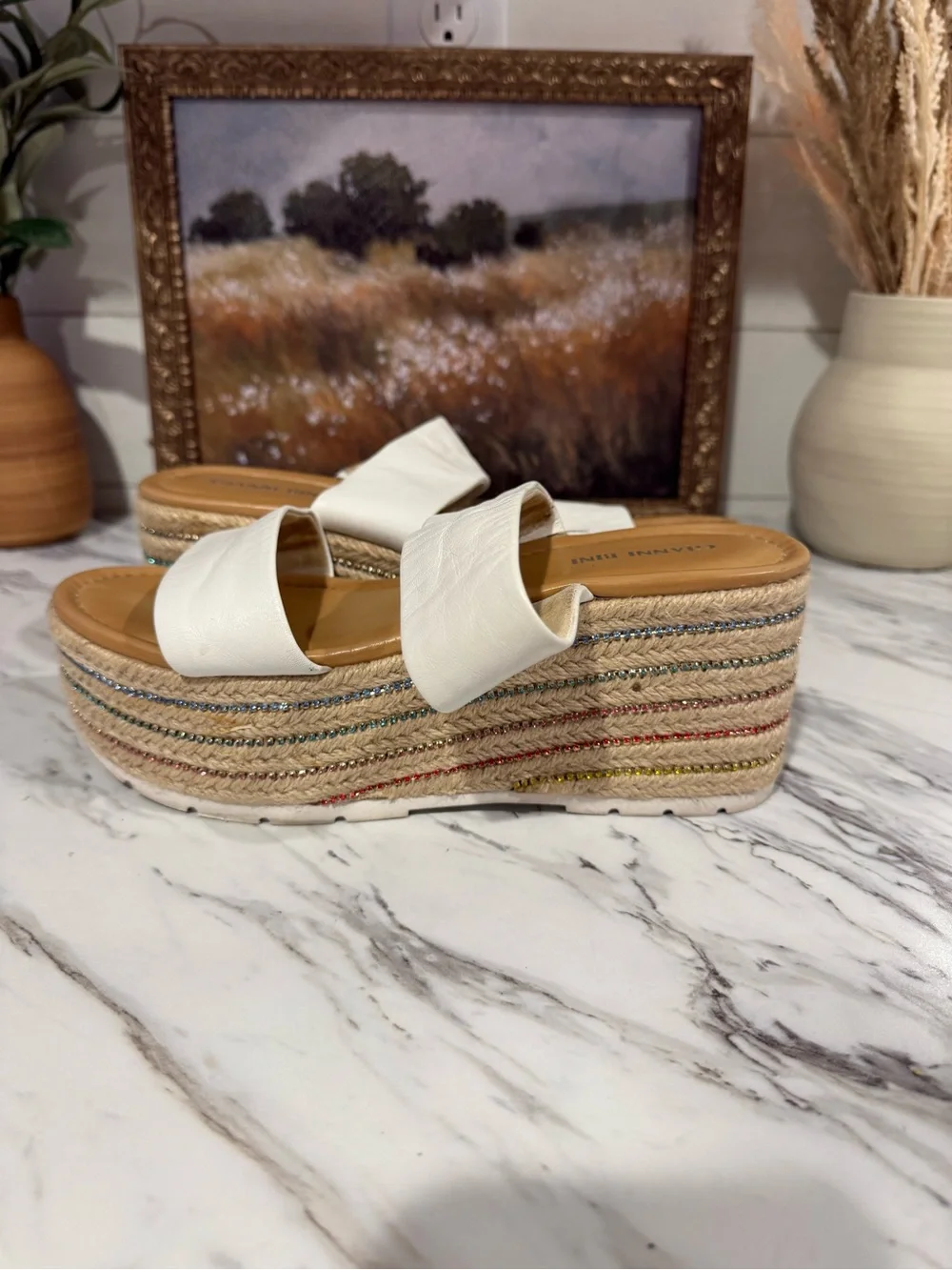 Gianni Bini White Espadrille Platform Slide Sandals with Multicolor Stripe Sole